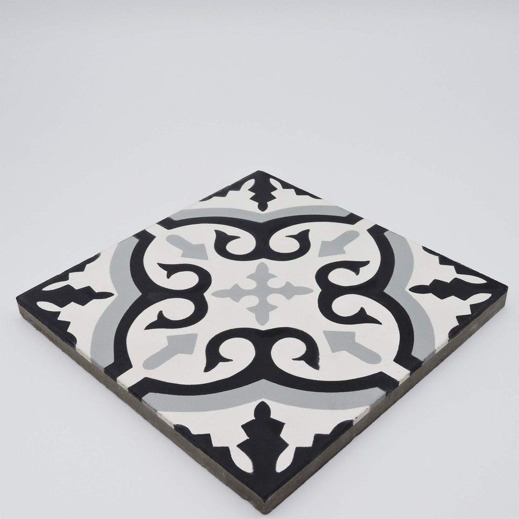 Argana Handmade Cement Tile in Black, Grey, White, 8"x8