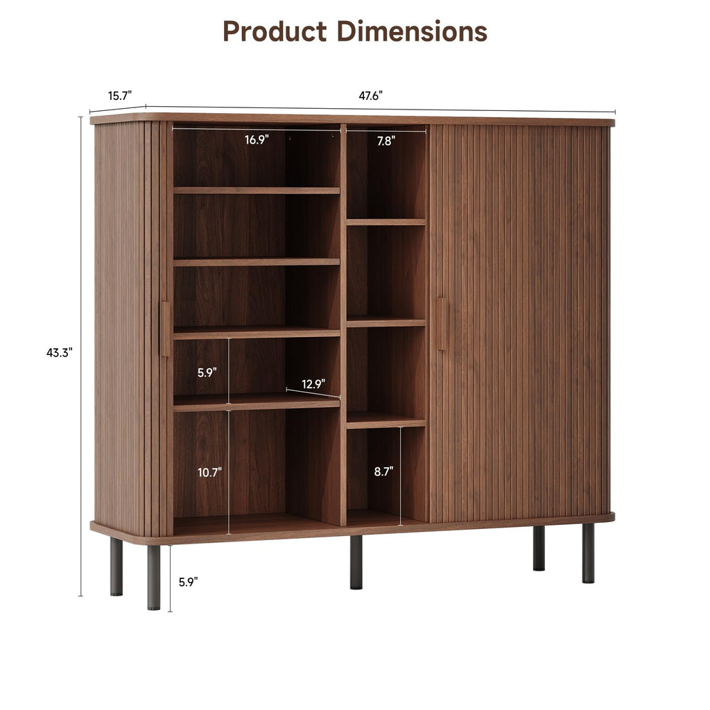 48" Large Shoe Cabinet with 2 Sliding Doors & Open Storage, Walnut