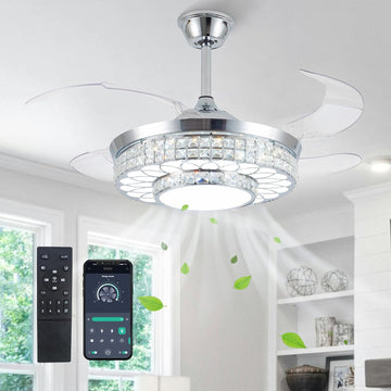 42" Retractable Ceiling Fans with Lights, Crystal Chandelier Ceiling Fan with Remote & APP Control, Modern Dimmable