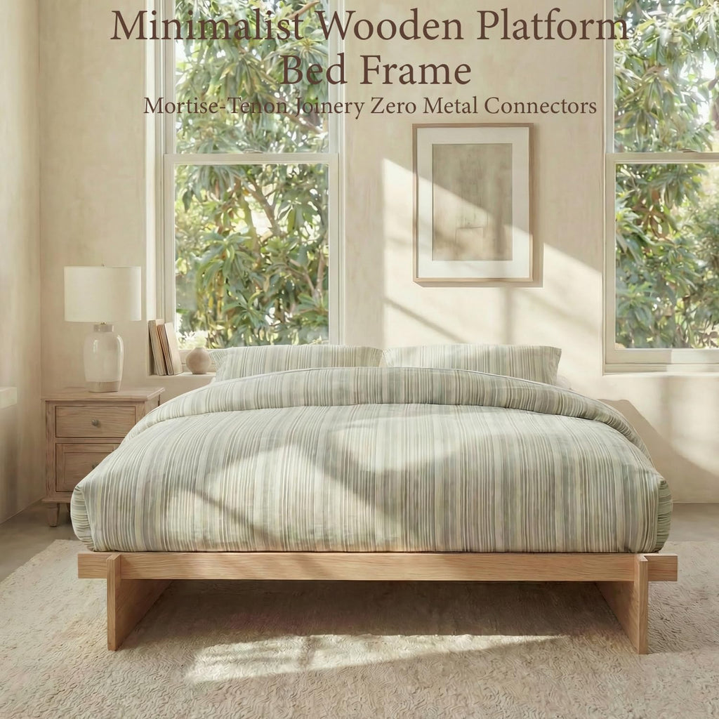 Wood Platform Bed Frame, Platform Bed Frame with Wooden Slats, 10 Min Tool Free Assembly, Japanese
