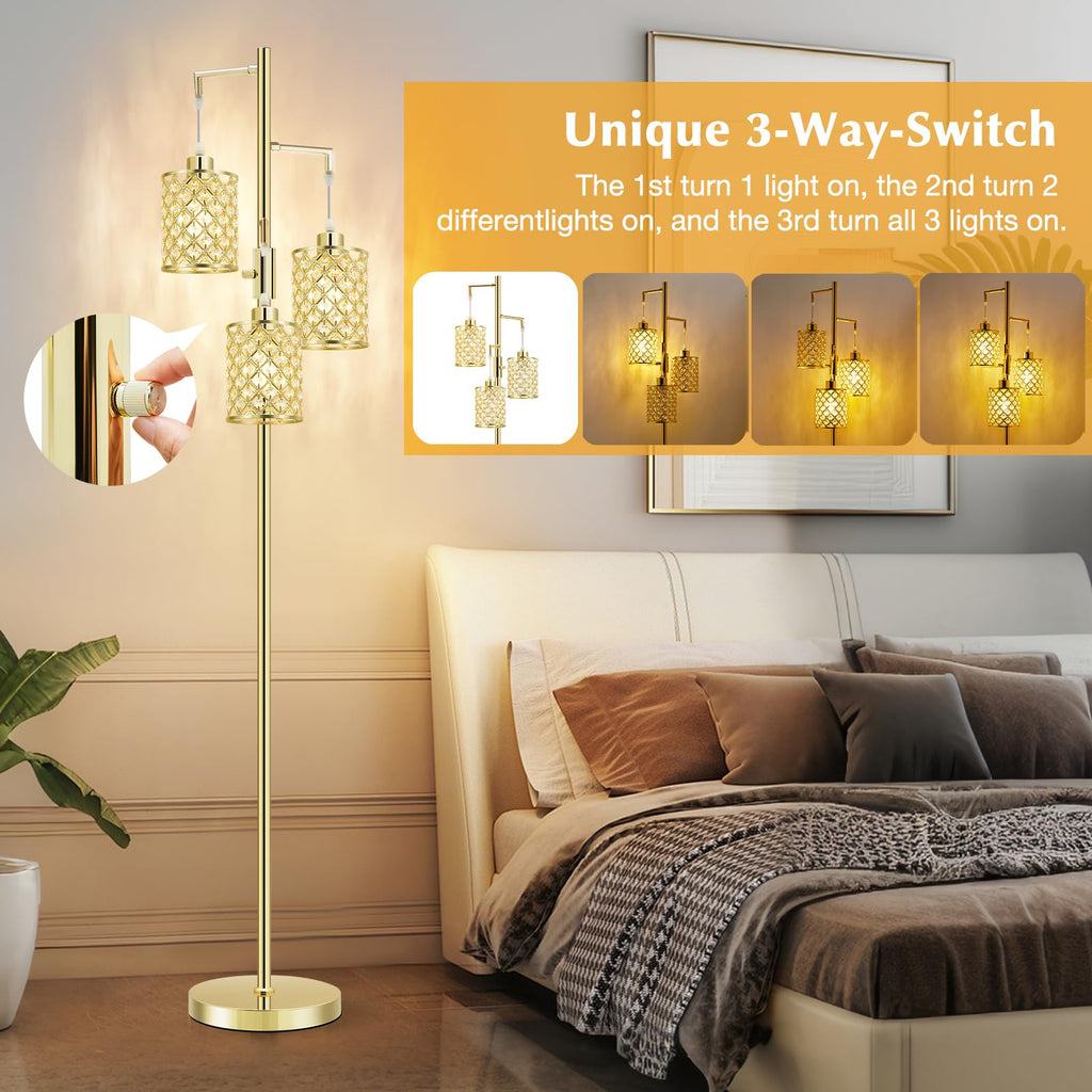 Morden Gold Crystal Floor Lamps, 3-Light Standing Tall Lamp with Elegant K9 Crystal Shade & Rotary Switch, Modern