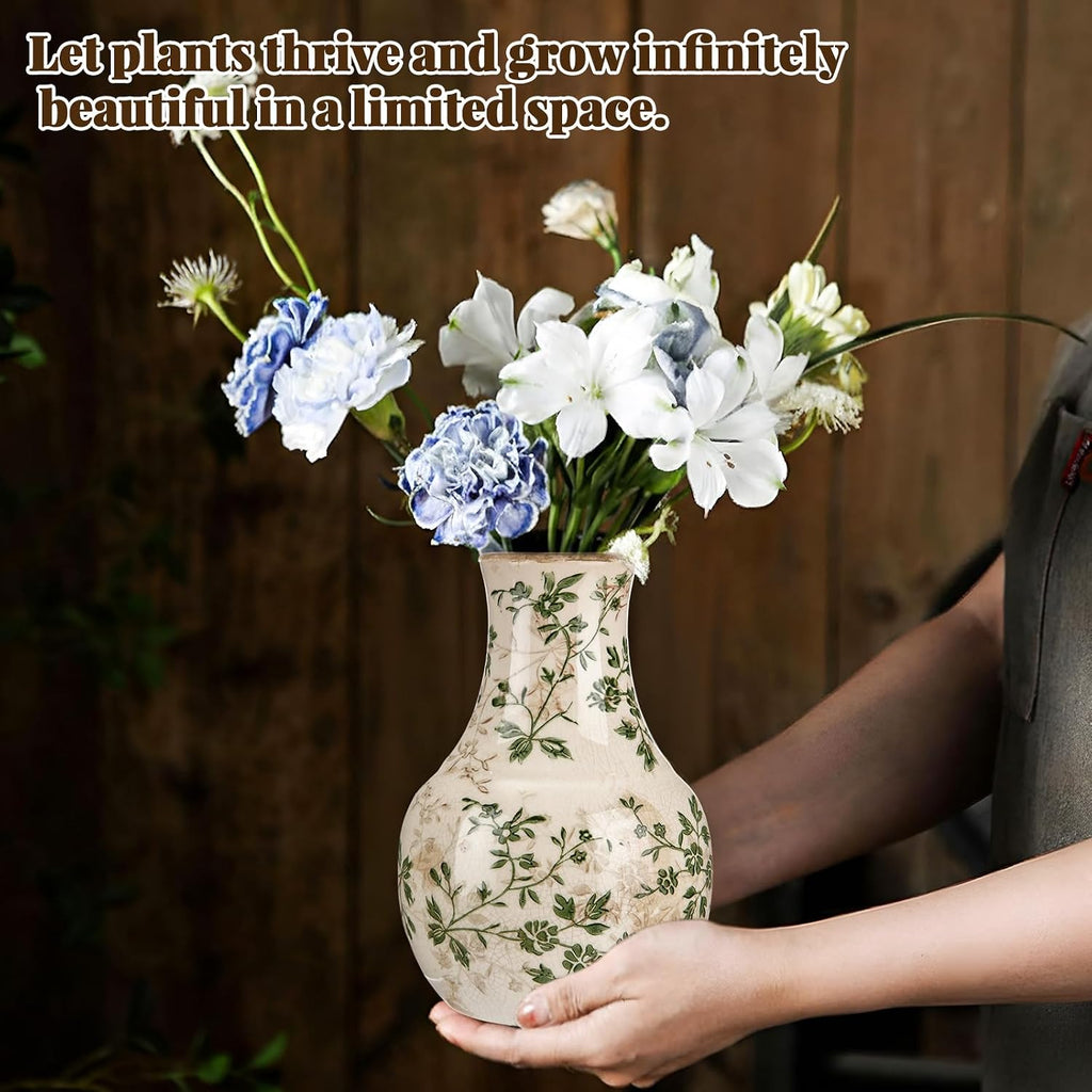 Vintage Ceramic Flower Vase 5.7 Inch Chinoiserie Ice Cracked Glaze Porcelain Vase Rustic Ceramic Large Centerpieces