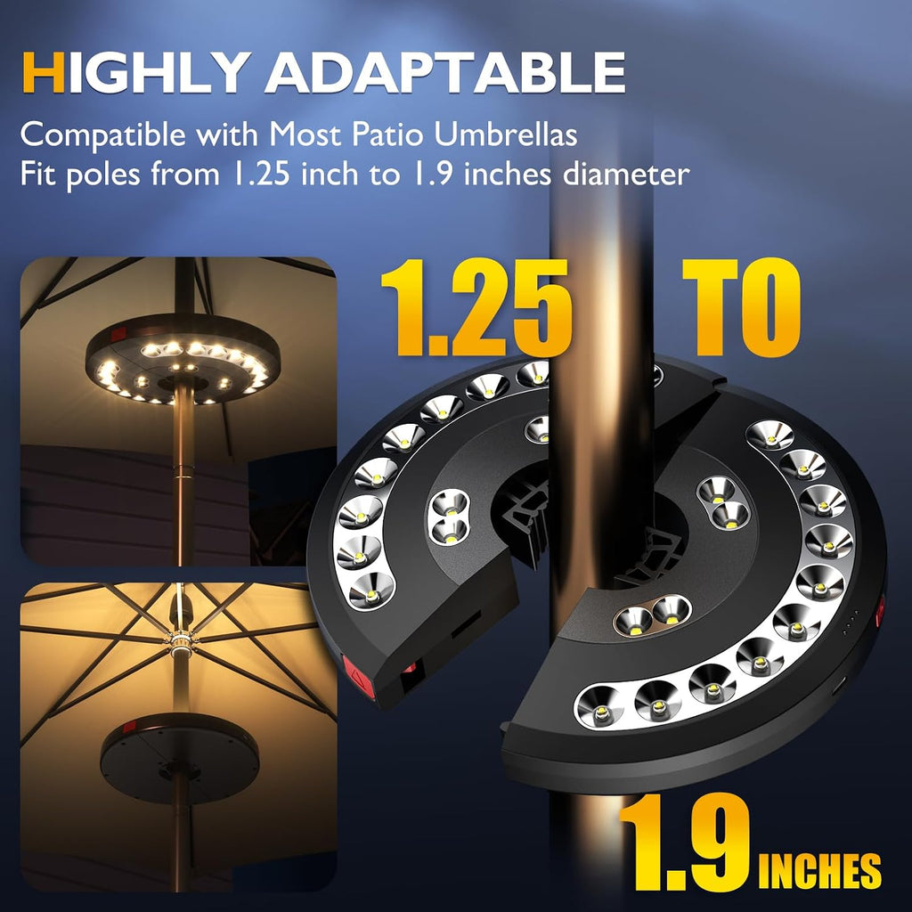 2packs Patio Umbrella Lights-Rechargeable Outdoor Lights | Patio Table Light 28 LED 3 Lighting Modes for 1.25-1.9inch