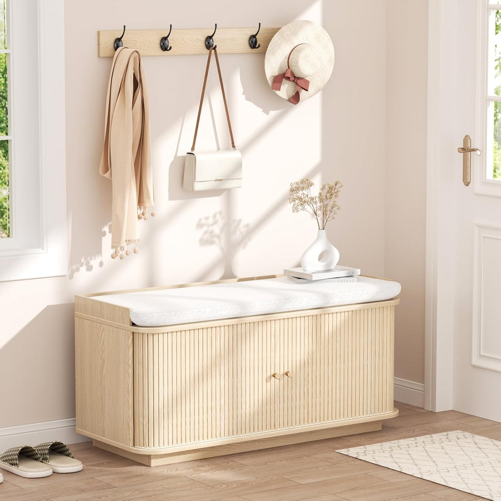 Hall Tree with Bench and Shoe Storage, Entryway Bench with Sliding Door Cabinet, Removable Padded, Metal Wall Hooks