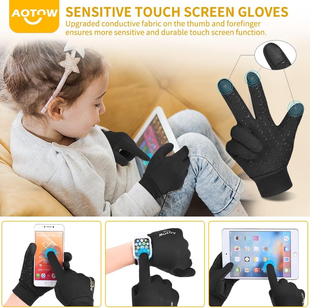 Kids Winter Warm Sports Gloves - Cold Weather Water-Resistant Children Mittens Boys Girls Black