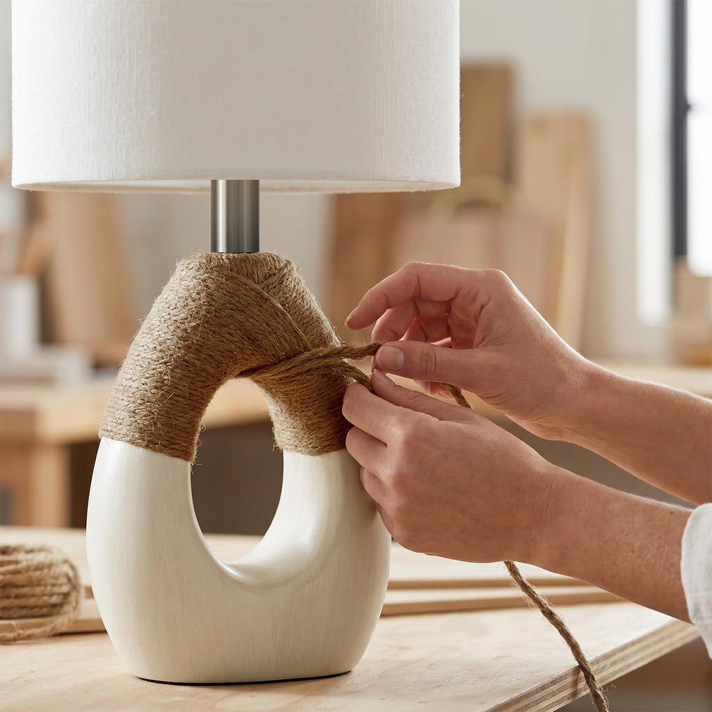 19" Boho Table Lamps Bedroom Living Room, Suitable for Small Space, Farmhouse Rattan Lamp Rustic Egg Design Resin