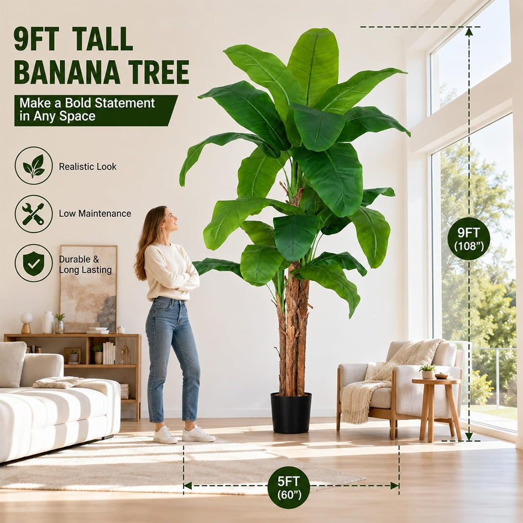 9ft Extra Tall Artificial Banana Tree, Fake Banana Leaf Plant with 24 Faux Banana Leaves, Perfect Indoor Outdoor