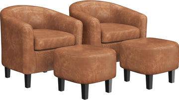 Accent Chairs with Ottoman, Faux Leather, Brown - Set of 2