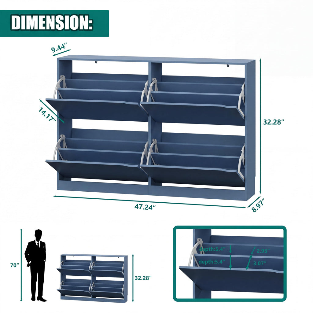 Shoe Storage Cabinet with 4 Flip Drawers, Sturdy Wood Hidden Shoe Storage, Freestanding Narrow Slim Shoe Organizer