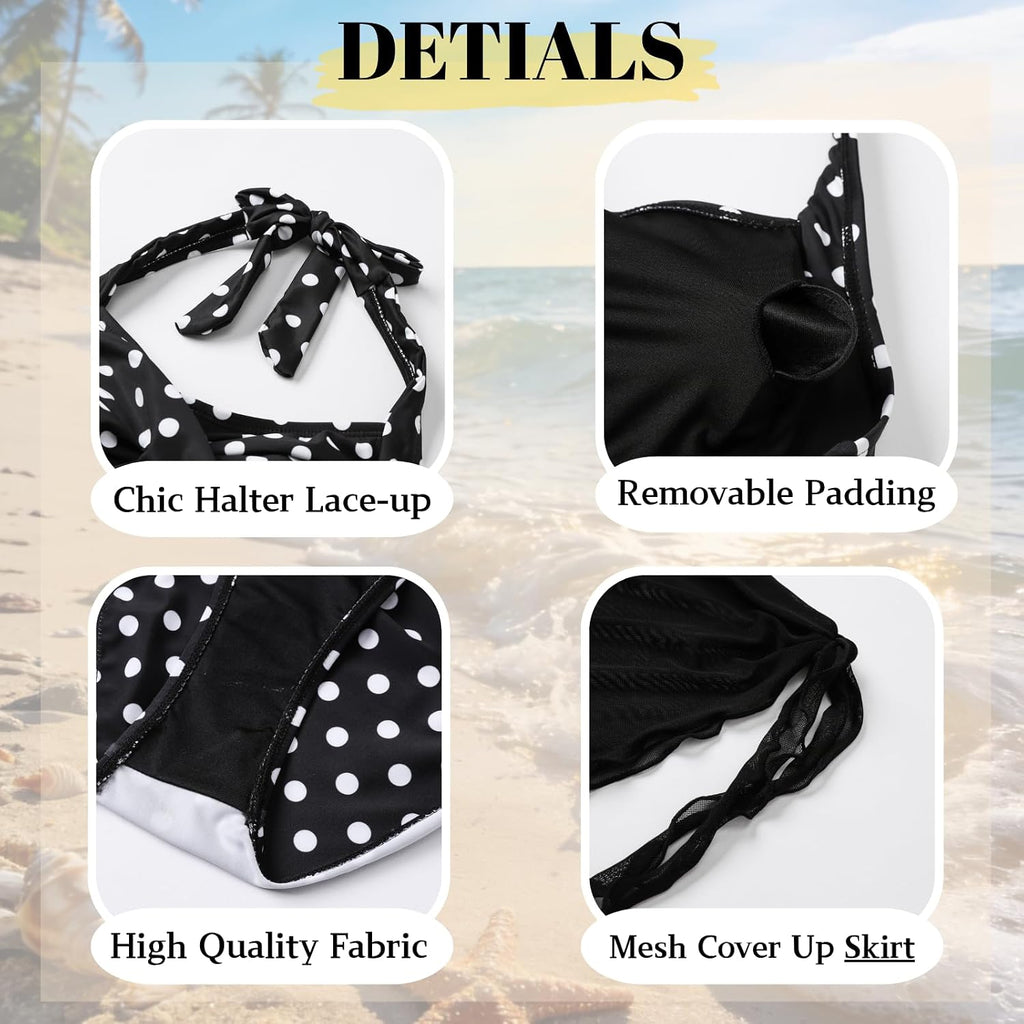 Teen Girl's 3 Piece Swimsuits Polka Dot Halter Neck Bikini Set Bathing Suit with Mesh Coverups Skirt