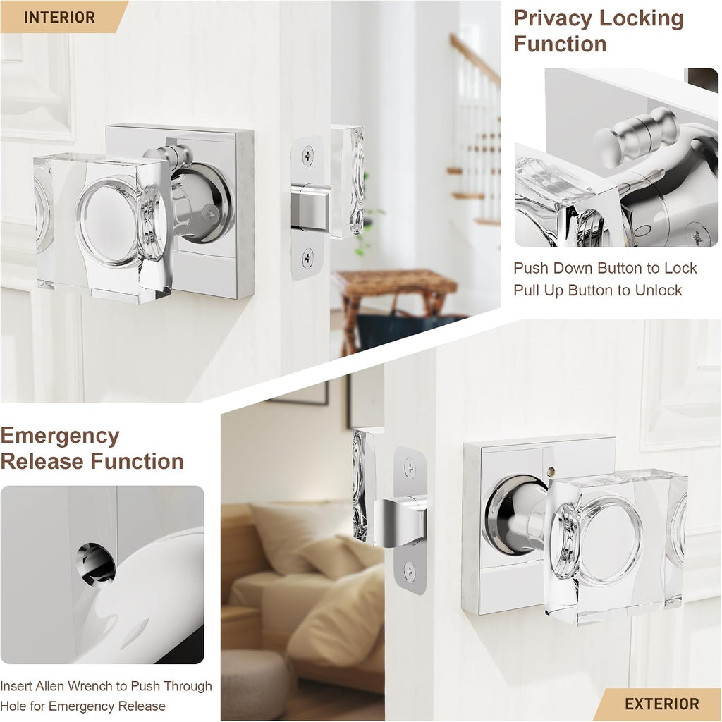 Polished Chrome Crystal Glass Door Knob With Lock - Modern Square Handle for Interior Bedroom Bathroom - Privacy