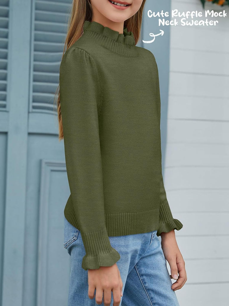 Girls Ruffle Mock Neck Sweater Puff Long Sleeve Fall Soft Knit Cute Pullover Sweaters Top