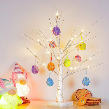 Easter Decorations 24 Inch Pre-lit White Birch Tree with 10 Hanging Easter Egg Ornaments, 24 Led Lights Battery
