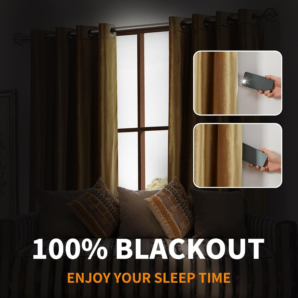 100% Blackout Velvet Window Curtains Gold 84 inch Long, Room Darkening Curtains Heavy Thermal Insulated Grommet