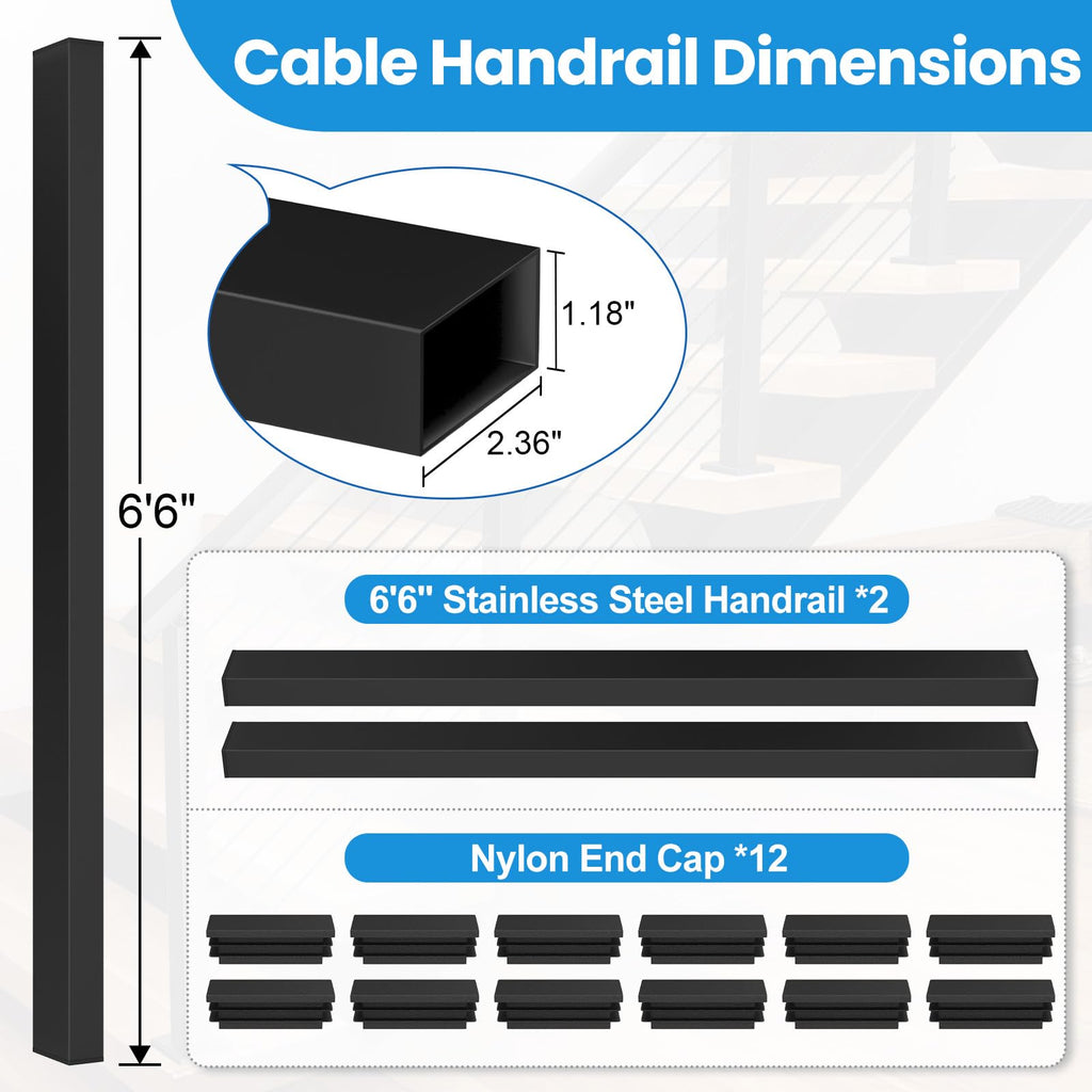 2Pack 6'6" Stainless Steel Cable Railing Handrail for Decks, Black