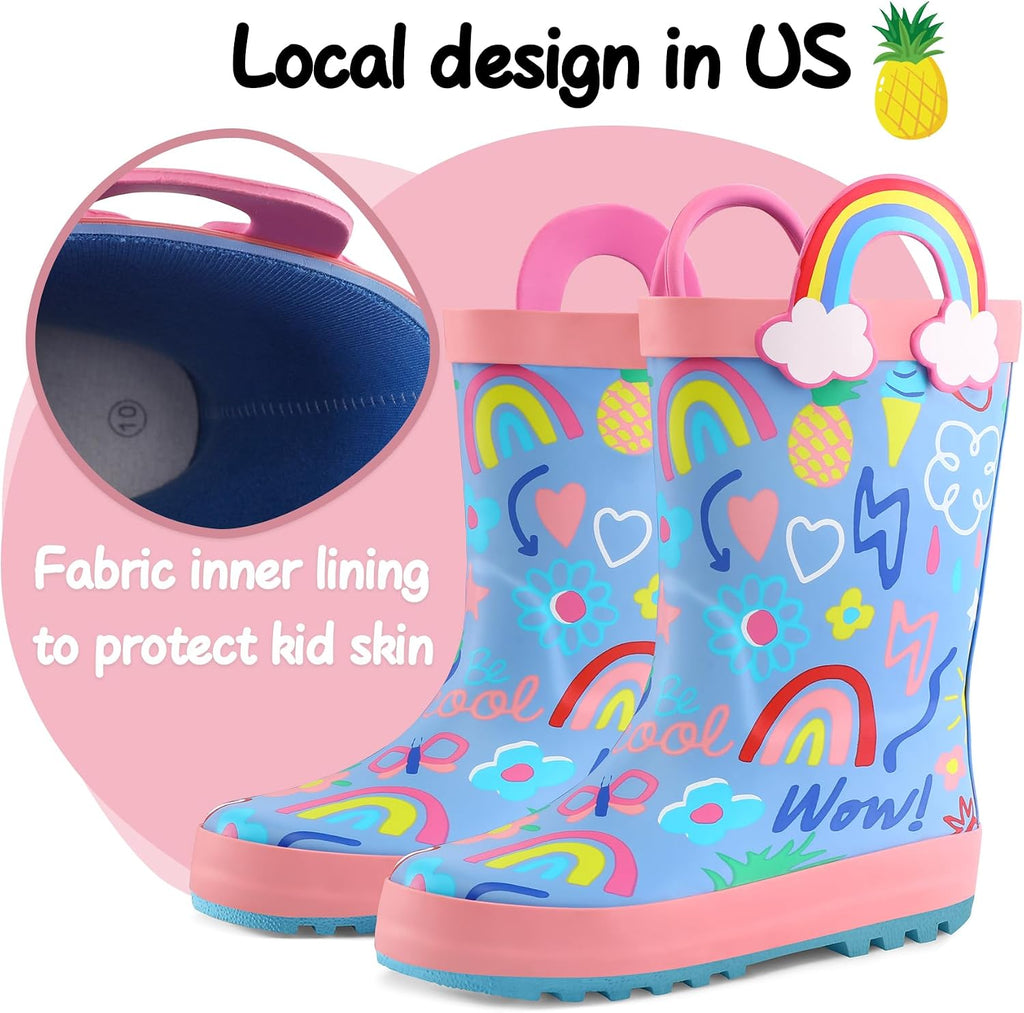 Kids Rain Boots Waterproof Printed Rubber boots with Handles