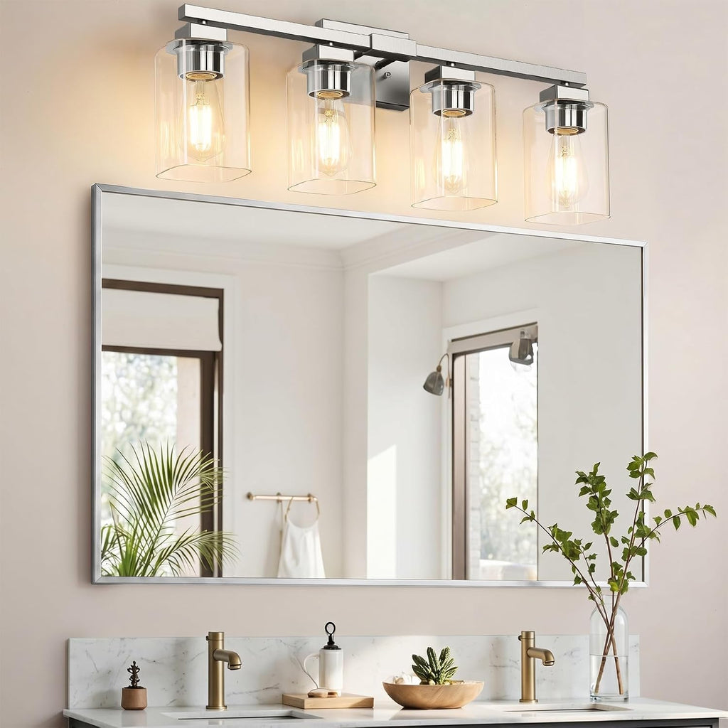27" Bathroom Light Fixtures,4-Light Vanity Light Brushed Nickel | Square Clear Glass & Durable Metal, Quick & Easy
