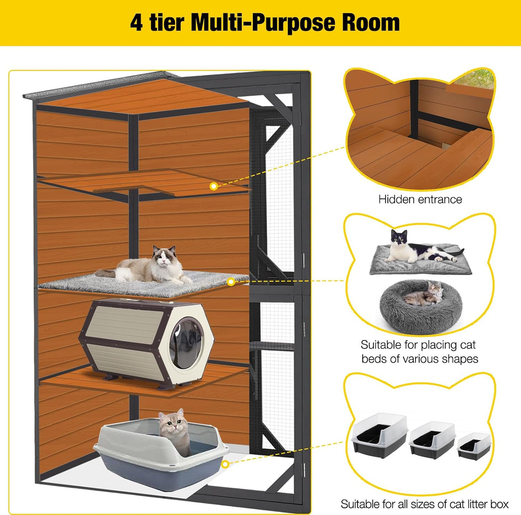 Large Catio Outdoor Cat Enclosure 4 Tiers Cat House with Weatherproof Roof