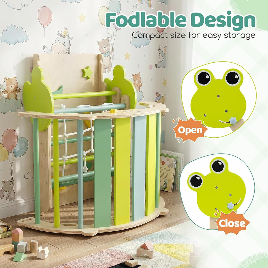 Triangle Set, 13 in 1 Frog Theme Foldable Wooden Montessori Toddler Climbing Toys Indoor with Cushion Ramp Arch