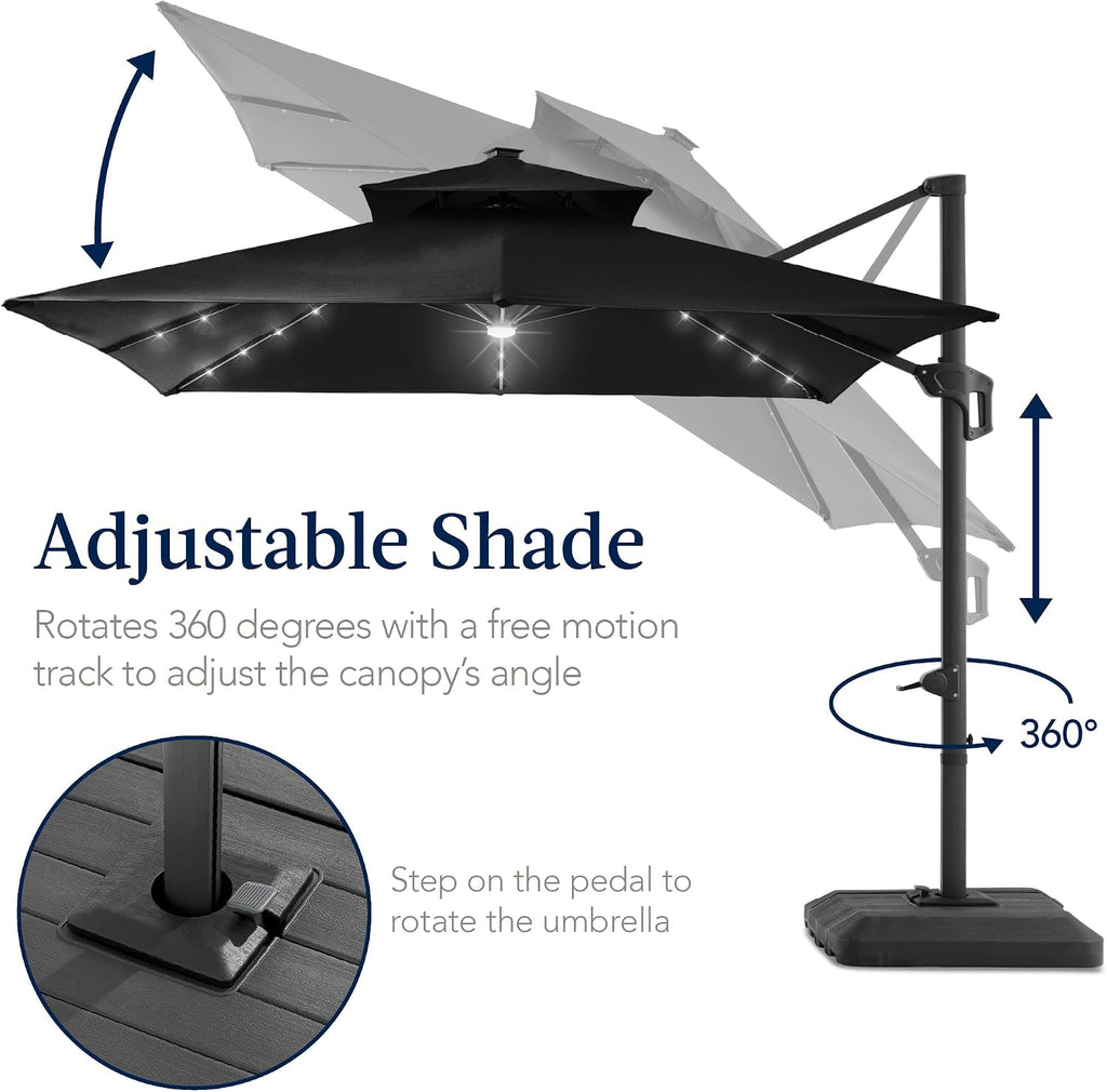 9x12ft LED Cantilever Patio Umbrella w/Base Included & 360° Rotation