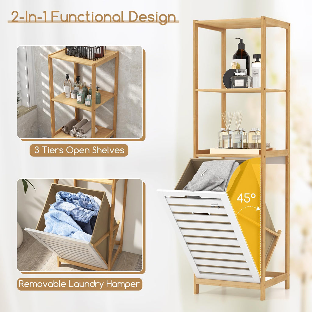 Tilt Out Laundry Hamper - Laundry Hamper Cabinet with 3 Tier Storage Shelves, Removable Laundry Basket, 51" Tall