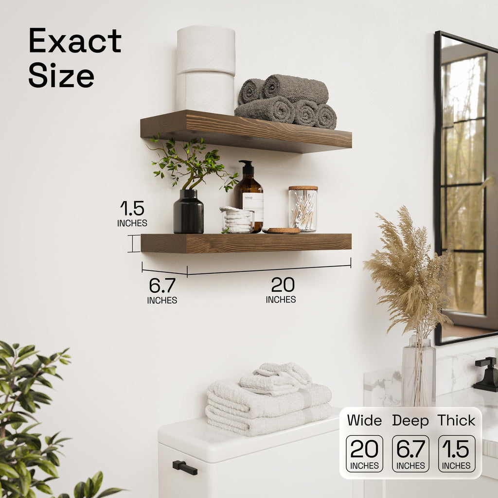 Solid Wood Floating Shelves for Wall 20 Inch Walnut, Wooden Bathroom Shelf