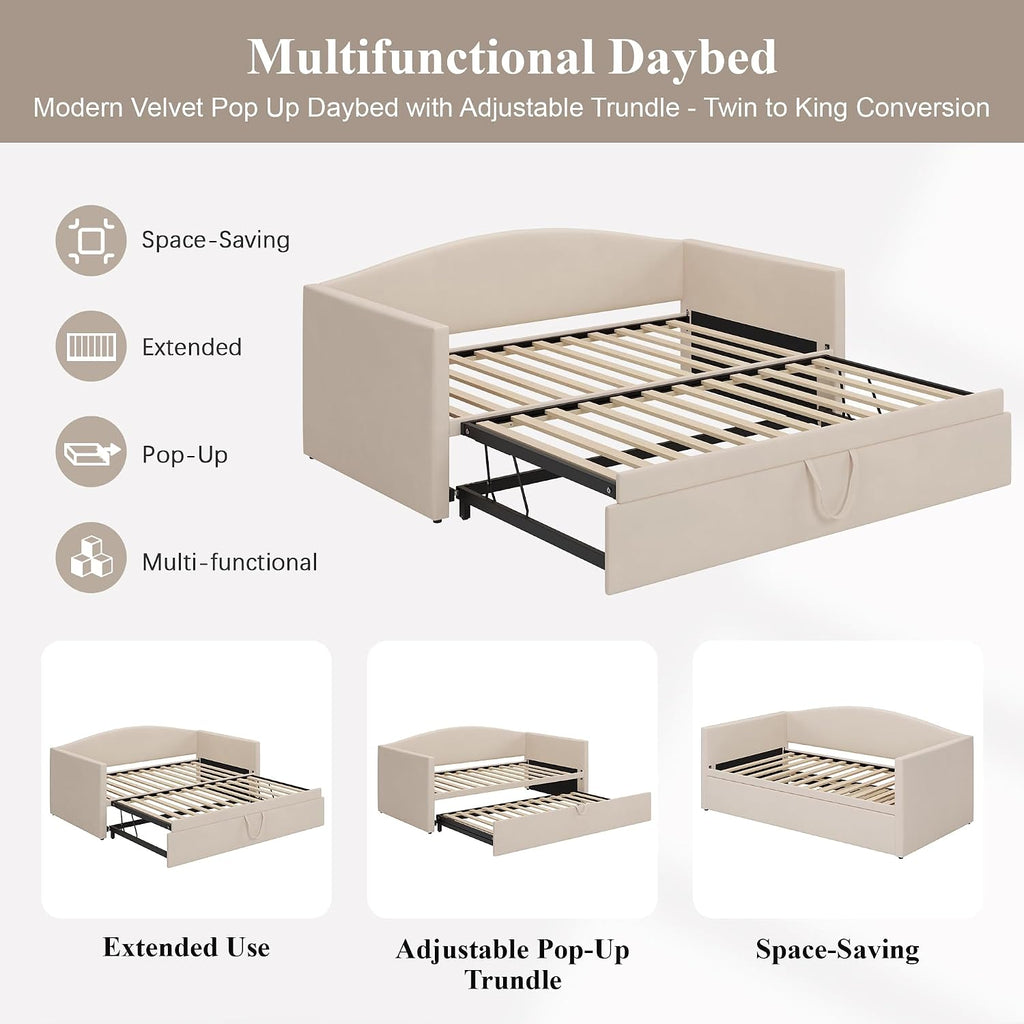 Twin Daybed with Trundle, Velvet Upholstered Day Bed with Pop Up Trundle & Soft Padded Backrest, Twin to King