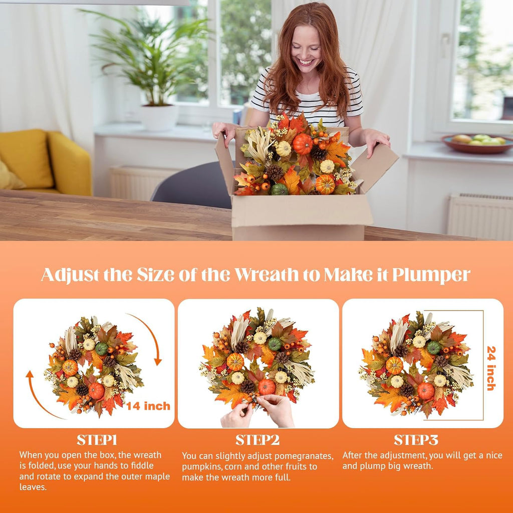 24 Inch Fall Wreaths for Front Door, Autumn Pumpkin Maple Wreath with Hanger