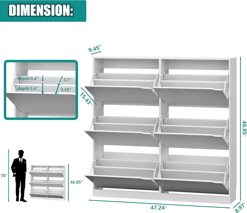 Shoe Storage Cabinet with 6 Flip Drawers, Sturdy Wood Hidden Shoe Storage, Freestanding Narrow Slim Shoe Organizer