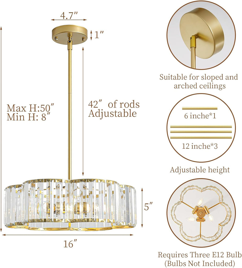 Modern Gold Crystal Chandelier for Dining Room 16 Inch | Semi Flush Mount Ceiling Light Fixture 3-Light,Round Kitchen