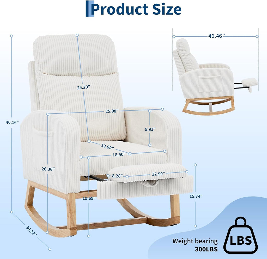 Nursery Rocking Chair, Corduroy Upholstered Rocking Chair with Adjustable Footrest, Tufted Rocker Chair with Side