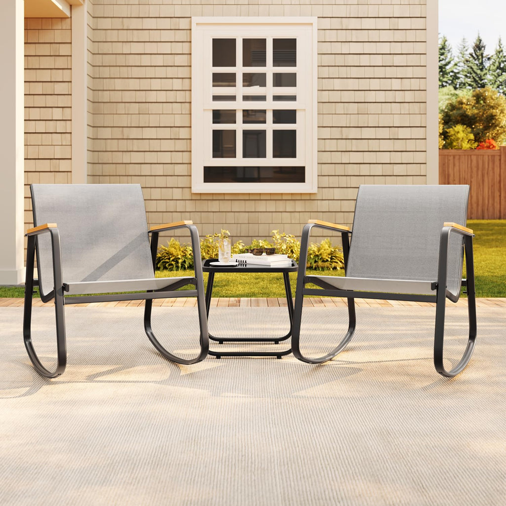 3 Piece Patio Bistro Set, Textilene Rocking Chairs for Porch, Gray