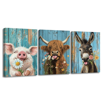 3 Pieces Farmhouse Kitchen Wall Art Farm Animal Pictures Highland Cow Pig Donkey Canvas Print Rustic Animal With