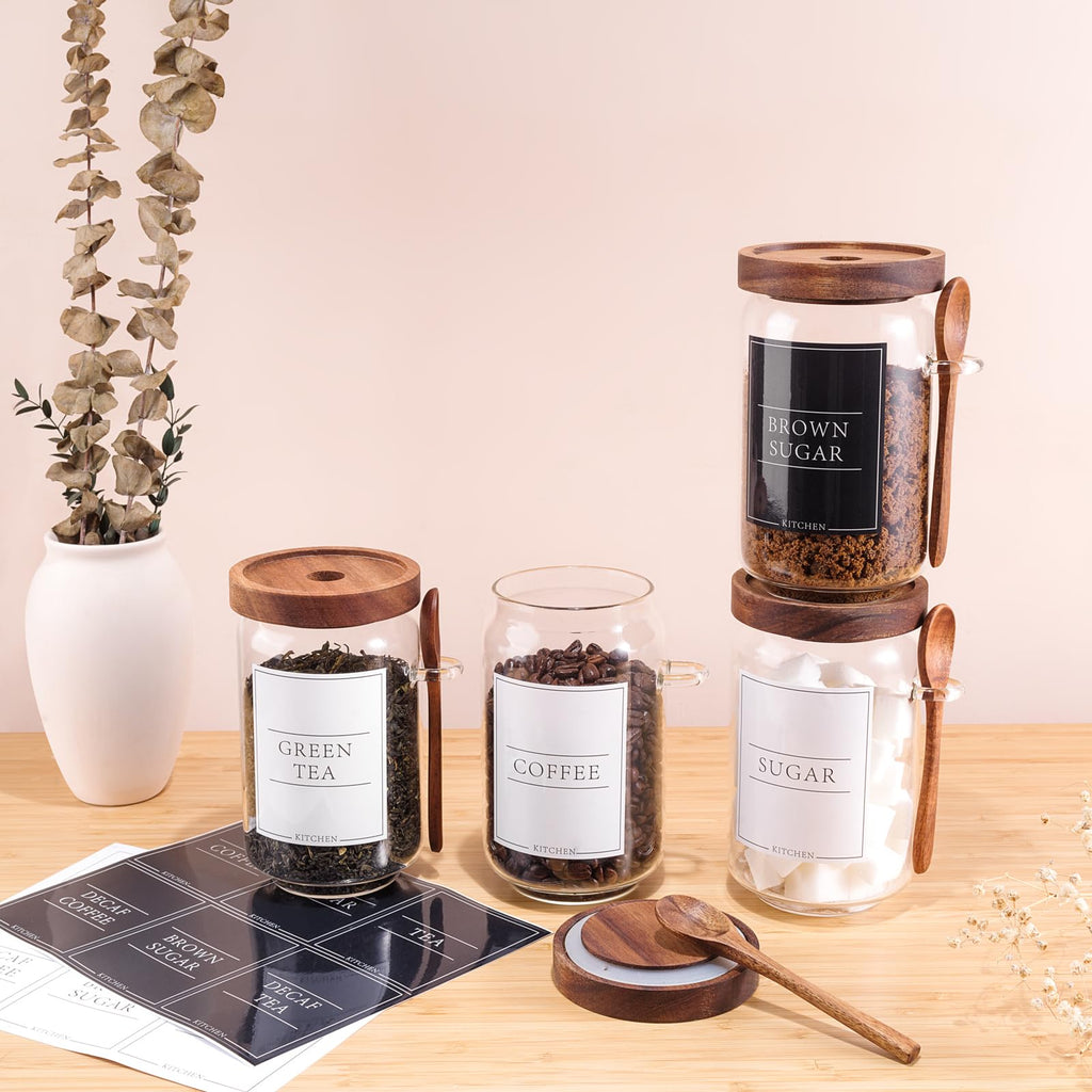 Coffee and Sugar Container Set, Glass Coffee Jars with Wooden Lids