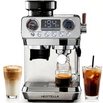Espresso Machine with Burr Grinder, 20 Bar Visual Pressure Gauge, Milk Frother Steam Wand, Stainless Steel, 4