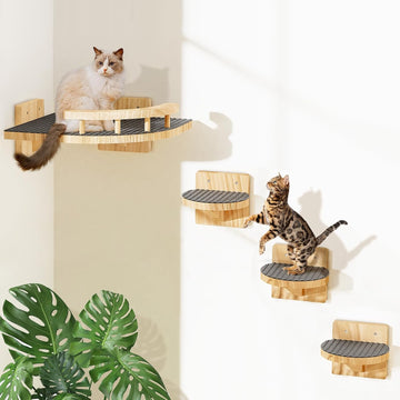 Cat Wall Shelves with 3 Steps, Wooden Cat Wall Furniture up to 15lbs, Floating Stairs for Small/Medium Cats, Kitty