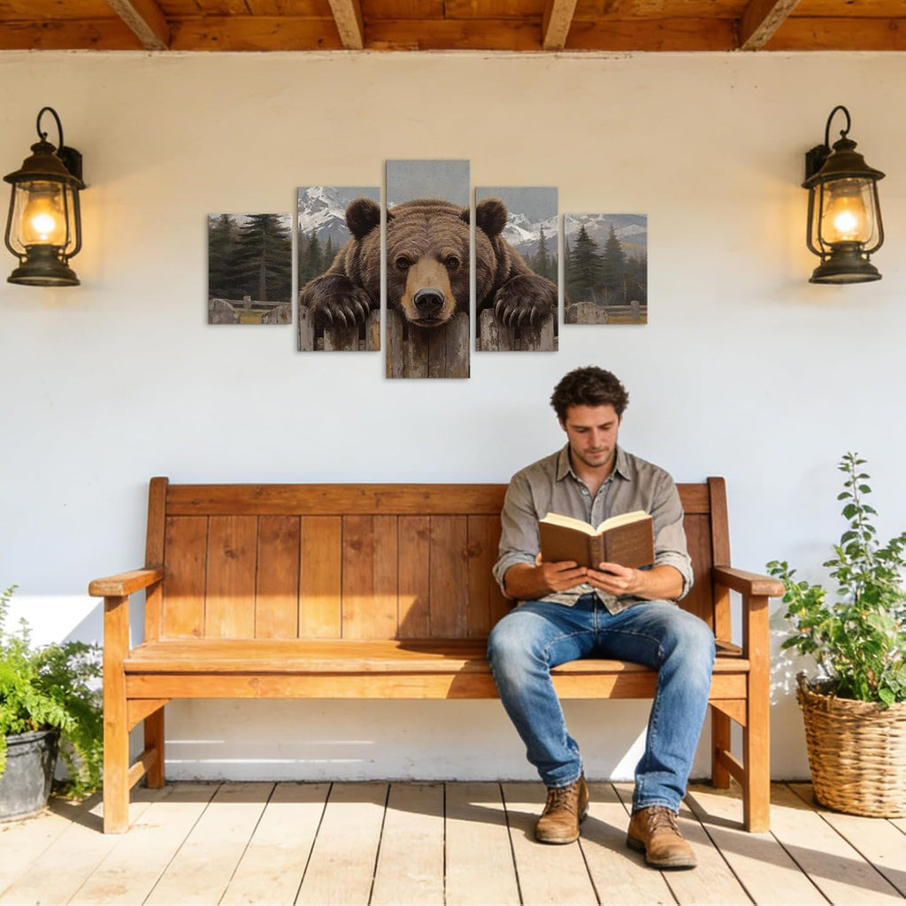 5 Piece Brown Bear Canvas Wall Art - Framed Animal Pictures Bear Wall Decor Paintings, Lightweight & Easy Hanging