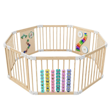 Baby Playpen - Adjustable Multi-Shape Wooden Play Yard, Portable Collapsible Activity Center with Baby Fence Play