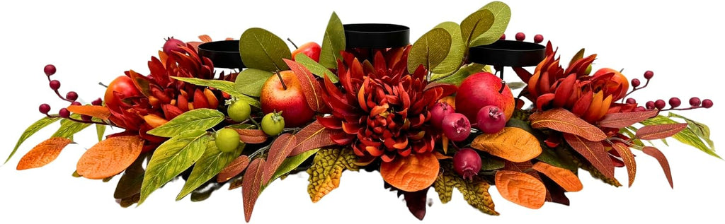 26 Inch Fall 3 Candle Holder with Faux Apples, Mums and Berries | 3 Candle Cups with Faux Apples, Red Mums and Autumn