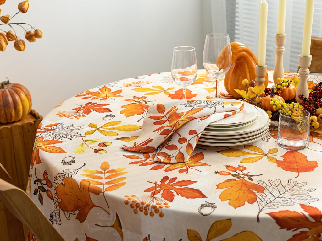 Fall Thanksgiving Tabletop Collection Dining Decoration Parties Harvest, Fall Leaves, Tablecloth, 70" Round
