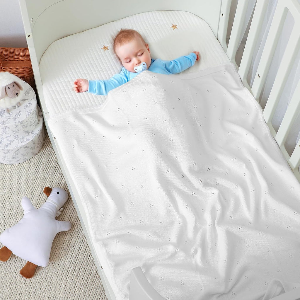 Blanket Knit White Swaddle Receiving Blankets for Boys & Girls Cotton