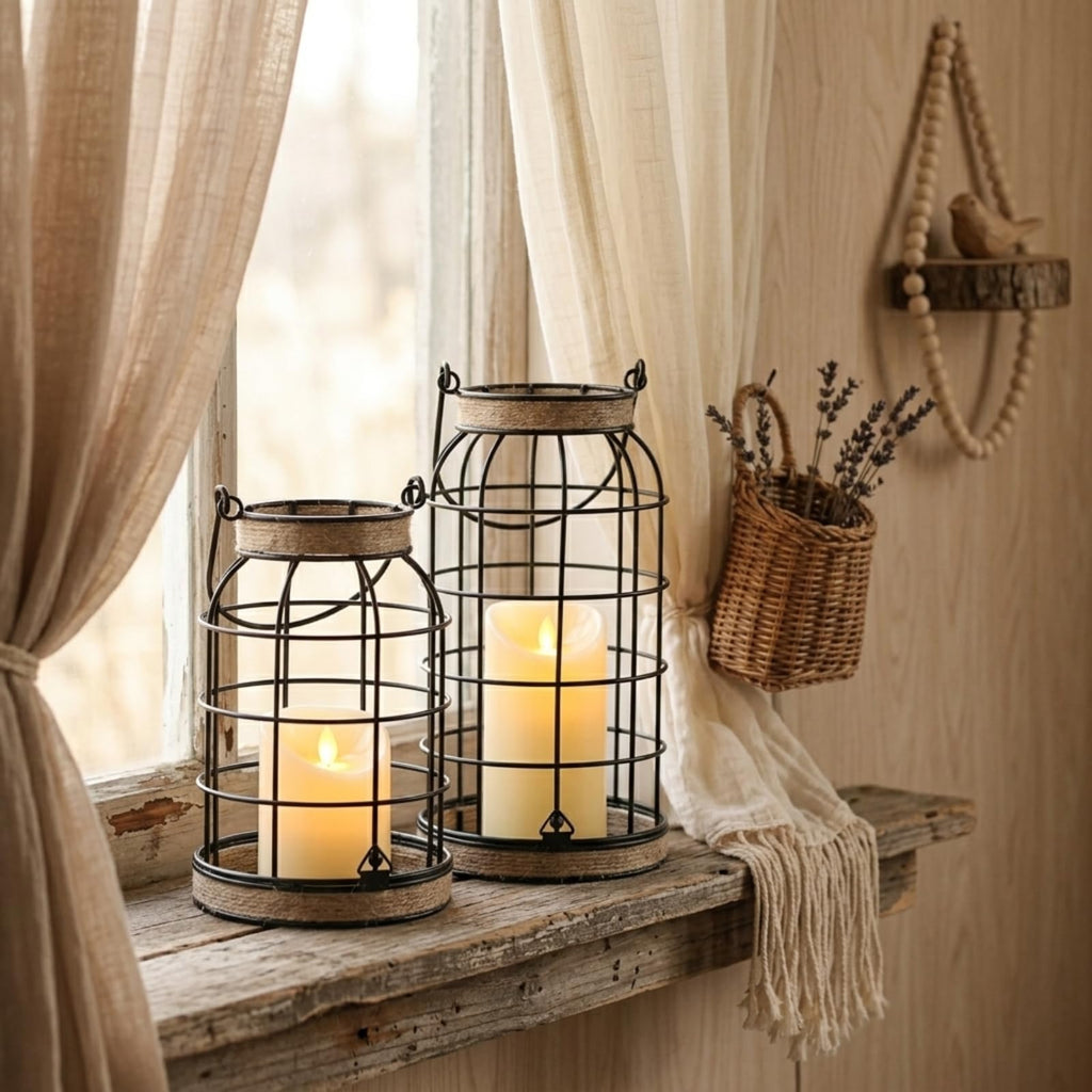 Rustic Farmhouse Candle Lantern, 2Pcs Decorative Lantern Decor with Candles