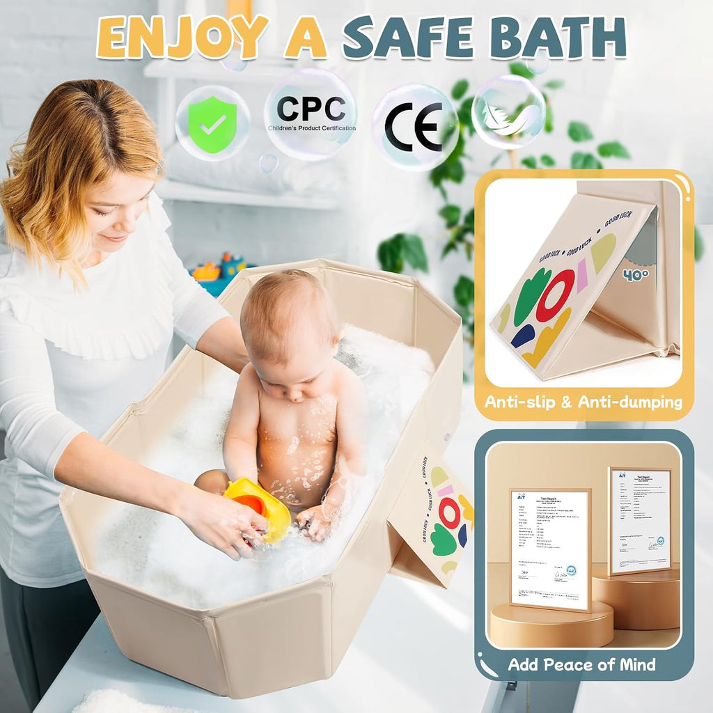 Toddler Bathtub with Side Drain Plug, Portable for Travel, White