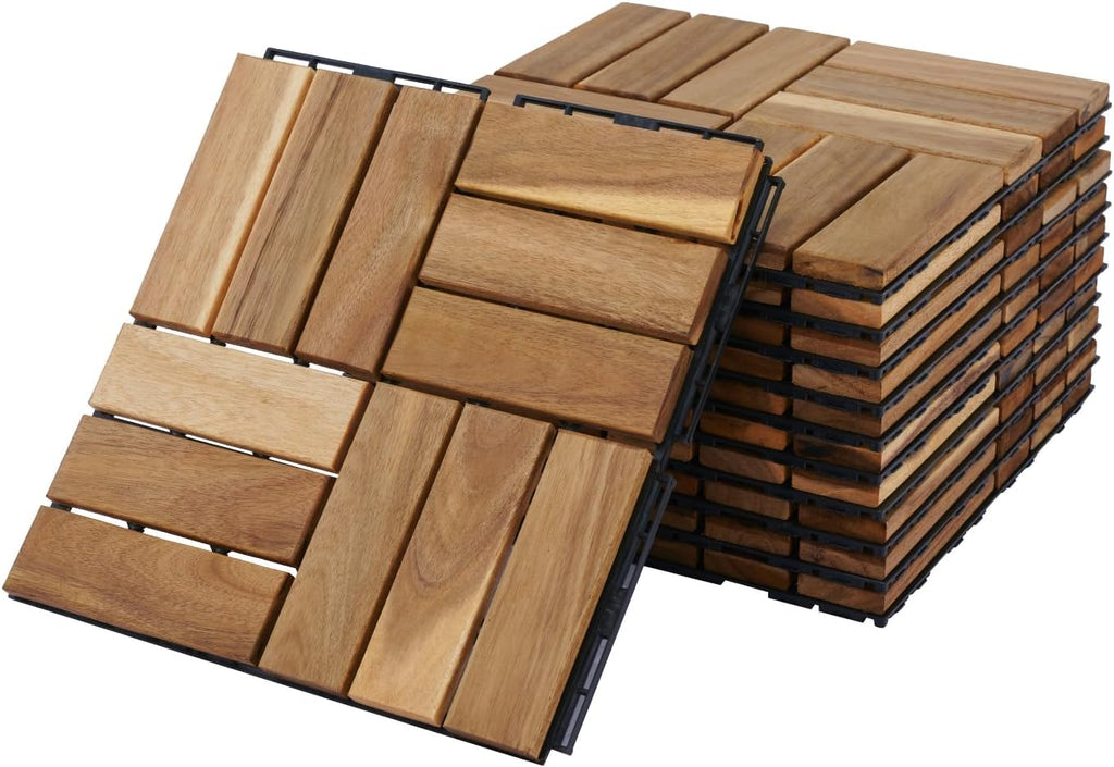 12" x 12" Square Wood Interlocking Flooring Tiles, Pack of 10 Tiles, 10 PCS Interlocking Deck Tiles, Acacia Hardwood