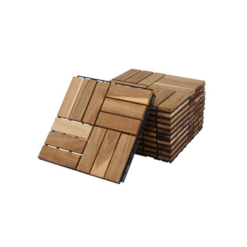 10 Pcs Outdoor Interlocking Deck Tiles, 12"x12" Acacia Wood Tiles for Patio, Porch, Balcony & Poolside, Checker