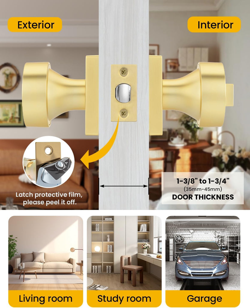 Gold Entry Door Knob with Lock and Key, Zinc Alloy 1 Pack