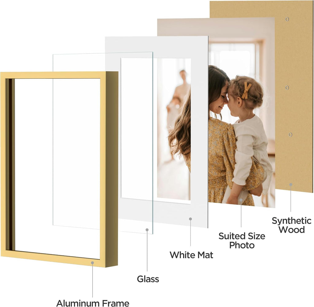 Aluminum Gallery Wall Frame Set of 7 with Glass Cover, Gold | Including 1Pc 11x14, 2Pcs 8x10, 4Pcs 5x7 Photo Frames