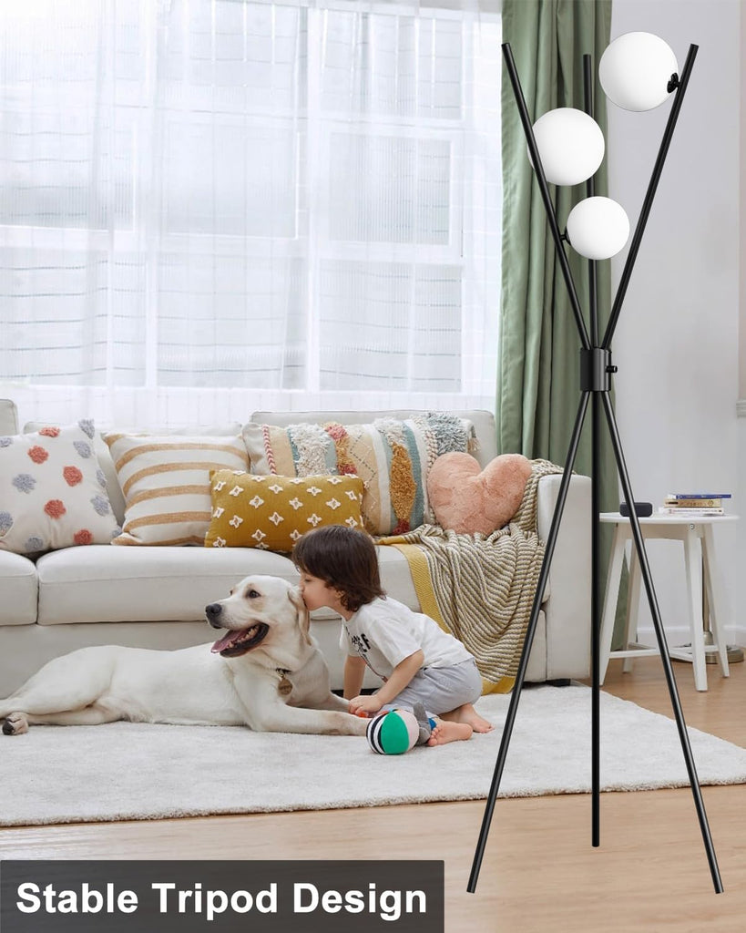 60IN Dimmable Black Tripod Floor Lamp, Mid Century Standing Lamps with 3 Globe Soft Warm White Eye Care 3000K Bulbs