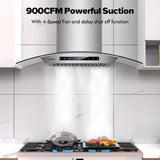 30 Inch Stainless Steel Wall Mount Range Hood 900 CFM Gesture & Touch Control Convertible Ducted/Ductless