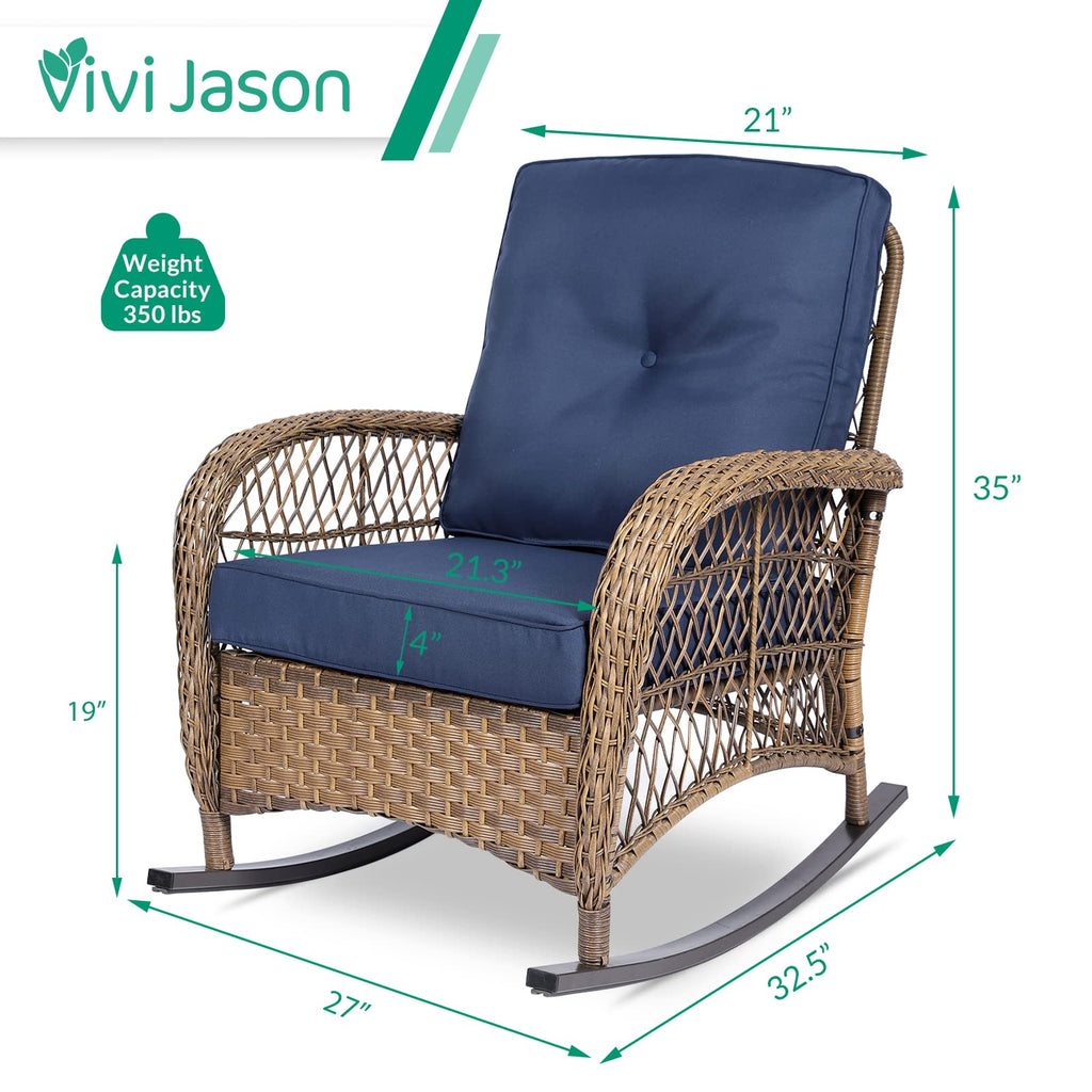 Outdoor Wicker Rocking Chair, Patio Rattan Rocker Chair with Cushions & Steel Frame, All-Weather Rocking Lawn Wicker